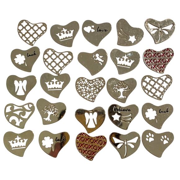 New Bulk Lot of 25 Floating Locket Jewelry Plates 22mm Themed Silver Hearts - Picture 2 of 6